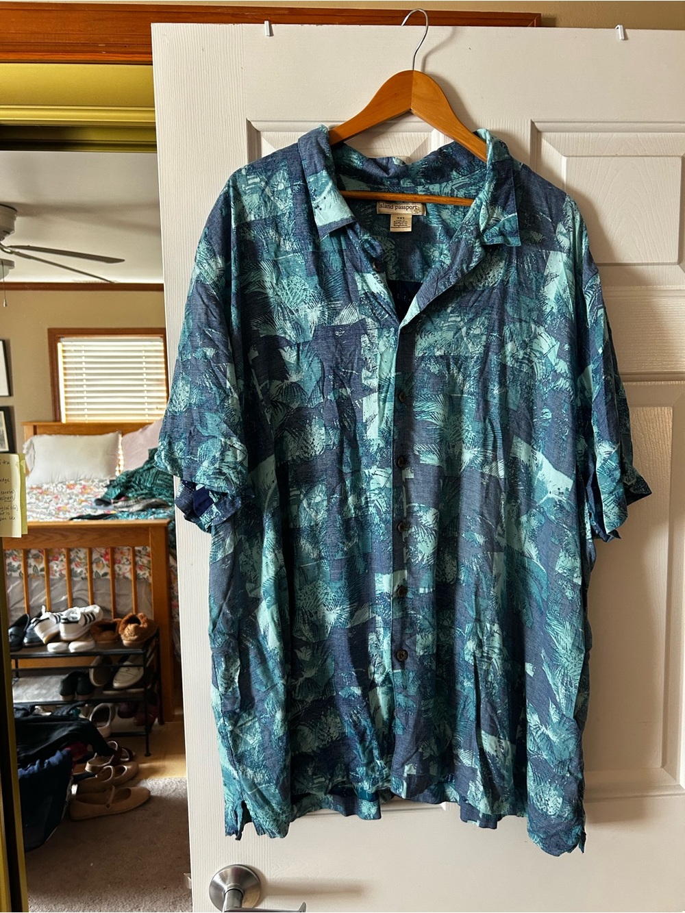 ✅ Island Passport Mens Button-Up Hawiian Shirt Blue Green Short Sleeve 4XL